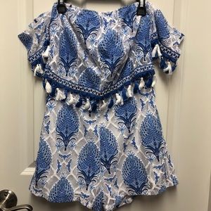 Blue White Tassel Strapless Romper